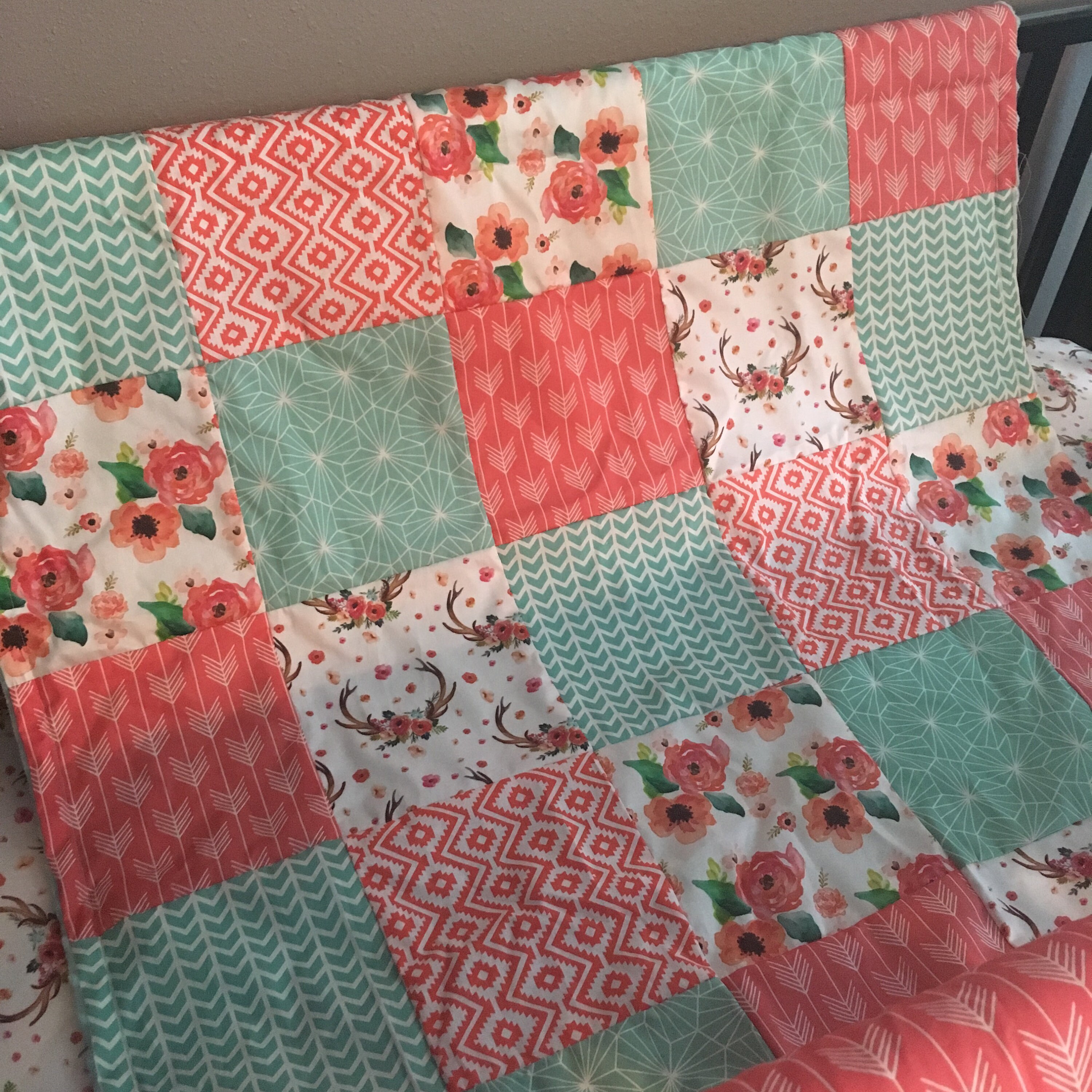 Made to Order Baby Girl Crib Bedding Set in Coral and Mint With a Modern Boho Theme Including Arrows Floral Antlers and Aztec Print A Etsy