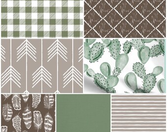 Gender Neutral Custom Made to Order Baby Boy Bedding with a modern boho theme in brown, green and tan featuring cactus, arrows, feathers