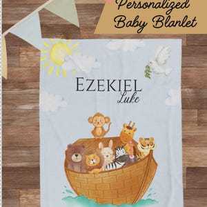 Noah’s Ark Baby Blanket, Baby Personalized Blanket, Minky Blanket with Name, Baby Shower Gift, Baptism Gift, Noahs Ark Nursery