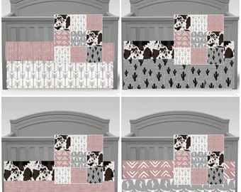 Western Baby Girl Crib Bedding Set in gray and pink with cactus, cowhide, cowgirl and arrow fabrics, baby shower gift, baby girl nursery