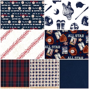 Custom Crib Bedding Set, Made to Order baby boy bedding with a baseball theme featuring navy and red fabrics