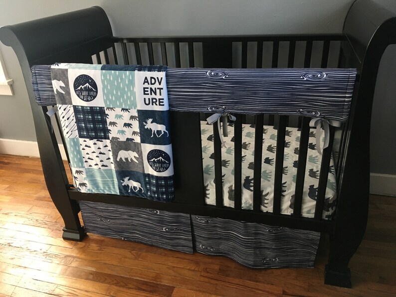 Baby Boy Custom Crib Bedding Set Made To Order Farm Theme Featuring Navy Gray And Dusty Blue Woodland Designs Including Bears Arrows