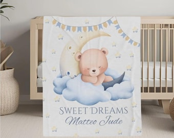 Personalized Baby Blanket With Name - Teddy Bear Balloon Rainbow Design 30x40 Inches