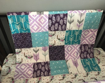 Made to Order Baby Girl Baby Bedding in purple, lavender and turquoise with a modern woodland theme including floral antlers, arrows, aztec