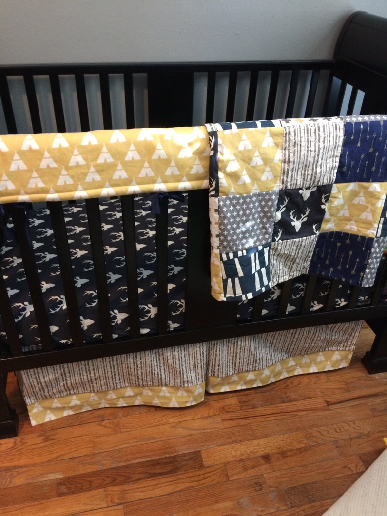 navy mustard yellow Custom made to order baby bedding Woodland set