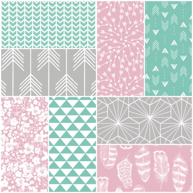 it has modern fabrics that have a boho feel Custom Crib Bedding Set in pink mint and gray