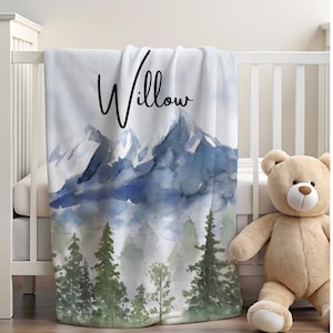 Personalized Mountain Baby Blanket, custom blanket with name, forest nursery, baby boy baby shower gift, Mountain Nursery, Adventure Blanket