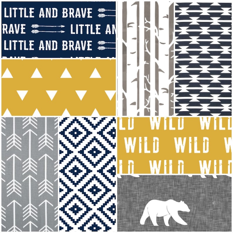 Custom Crib Bedding Set Made To Order Woodland Navy Mint Mustard Yellow Where The Wild Things Are Theme