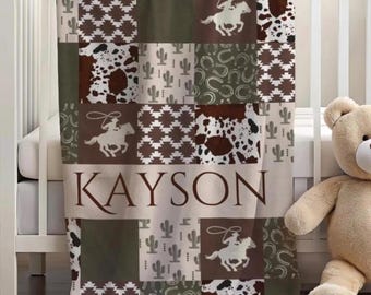 Western babydeken, cowboybabydeken in groen, beige en bruin, gepersonaliseerde deken babyjongen, nertsdeken met naam, cowboykwekerij