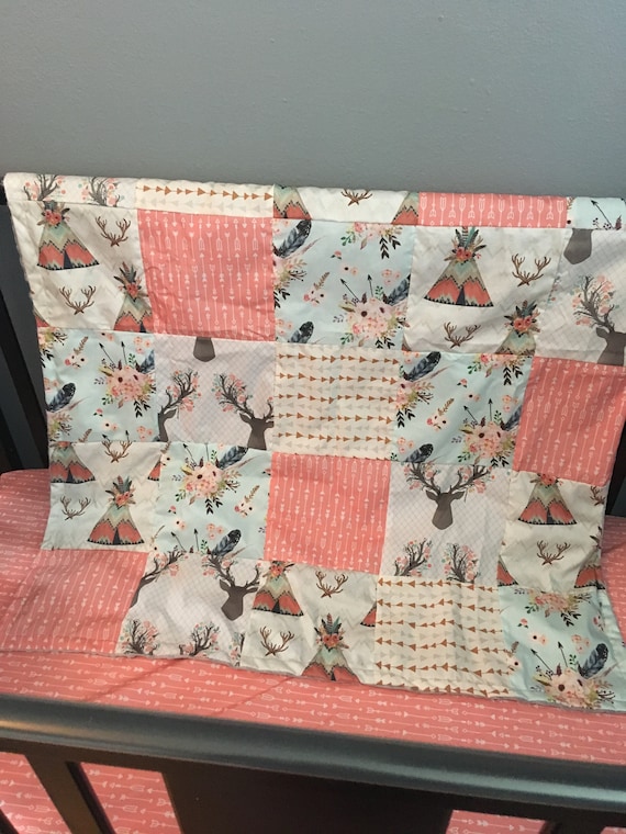 horses Baby girl baby blanket in pink and mint with boho fabrics and including arrows and feathers cactus