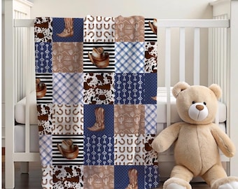 Cowboybabydeken, western babydeken, koeienhuid, cowboylaarzen, cowboyhoed, aangepaste kraamcadeau, cowboykwekerij, nertsdeken, marineblauw