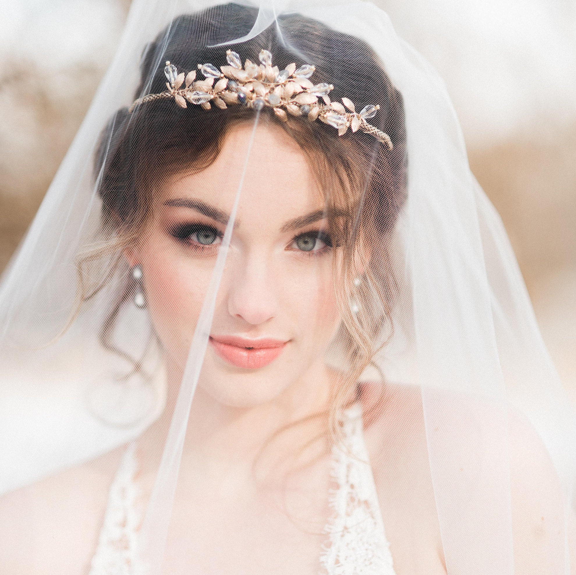 Gold Leaf Bridal Wedding Crown Boho Blue Crystal Tiara Etsy