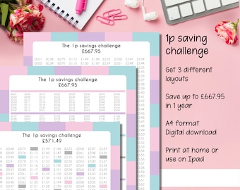May include: A printable 1p savings challenge chart in A4 format. The chart is designed to help you save up to £667.95 in one year. The chart is available in three different layouts. The chart is pink, blue, and white. The text on the chart is black. The chart is a digital download and can be printed at home or used on an iPad.