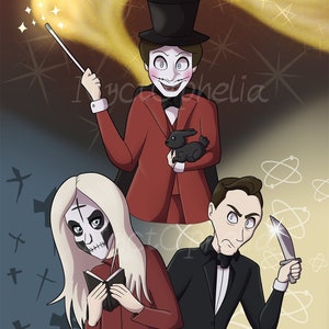 Puede incluir: Ilustración digital de tres figuras en un entorno de fantasía. Un mago con traje rojo y sombrero de copa sostiene una varita y un conejo negro. Una mujer con maquillaje de calavera lee un libro. Un hombre en esmoquin sostiene un cuchillo.