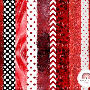 May include: A digital design featuring a variety of red and white patterns. The patterns include wood grain, polka dots, stars, glitter, roses, and chevrons. The design has a distressed, torn paper edge and includes the text "Sweet Life Design".