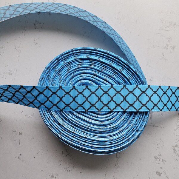 Quatrefoil ribbon, 7/8" grosgrain ribbon, blue and black quatrafoil, honeycomb ribbon