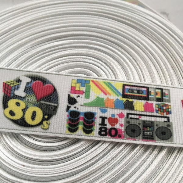 I love the 80s, 1" grosgrain ribbon, I heart the 80's ribbon, boombox