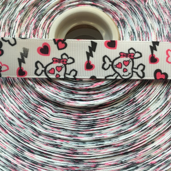 7/8" grosgrain ribbon, Girlie Skull and Crossbones, horror ribbon, Skulls and hearts, lightning bolts