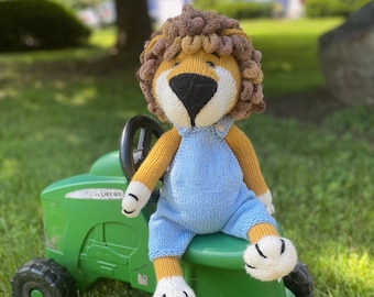 Lucas the Hand Knit Lion with Overalls - Stuffed Animal Lion, Hand knit stuffed lion, Baby Shower Gift 2023, Hand made Toy Lion