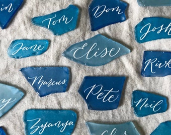 Place cards, beach wedding decor, beach wedding table decor, sea glass place cards, coastal wedding decor