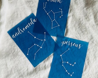 Galaxy wedding decor, constellation table numbers, zodiac sign table numbers, celestial wedding decor