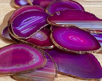 Gold Trim Agate Slices, Wedding Decor, Agate slice place cards, geode slice, pink and gold wedding place cards, agate wedding place cards