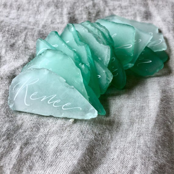 Calligraphy Sea Glass Place Cards: Beach Wedding Decor