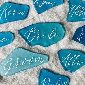 Place cards, beach wedding decor, beach wedding table decor, sea glass place cards, coastal wedding decor image 2