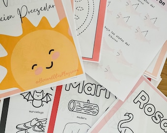 May include: A set of printable educational worksheets for preschoolers featuring colorful illustrations of a sun, a bat, shoes, a log, a bear, a flamingo, a rose, a dragon fruit, and a pig. The worksheets include the Spanish words for each item, such as "murcielago" for bat and "madera" for wood.