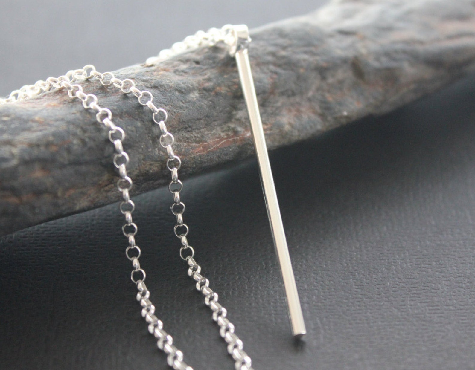 Long Silver Bar Necklace. Solid Sterling Vertical Bar Necklace