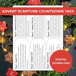 Puede incluir: Etiquetas de cuenta regresiva de Adviento con versículos bíblicos. Los versículos son de Isaías, Nefi, Moroni, Helamán y Tito. Hay una descarga digital disponible. Las etiquetas son blancas con texto negro.