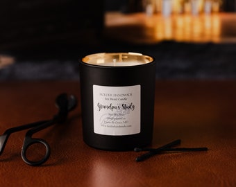 Grandpa's Study Soy Candle 8oz Tumbler - 65 hours burn time - Masculine Scented Candle - Leather and Books Candle - Vegan Organic Candle