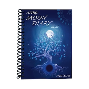 May include: A spiral-bound diary with a dark blue cover featuring a white moon, a stylised tree with blue leaves, and the text ASTRO MOON DIARY 2027. The design includes a circular zodiac graphic in the corner and the brand name ASTRO-CAL at the bottom.