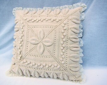Vintage Decorative Off White Hand Knitted Pillow Cover Case Leaf Square Laced Cozy Pillow Cover