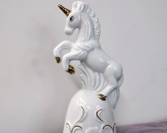 Vintage Porcelain Bell Prancing Unicorn White Glazed Gold Trimmed Collectible Figurine Gift For Her For Girl Present Fantastic Creatures