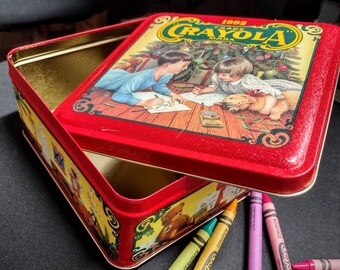 Vintage Holiday Tin Box Crayola Trade Mark 1992 Colorful Holiday Wishes Christmas Tin Limited Edition Empty Container Knick-knack Storage