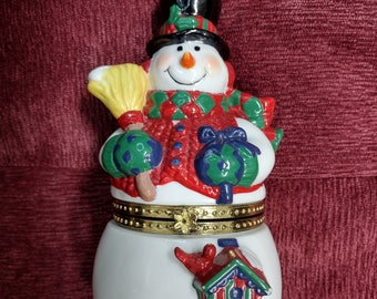 Vintage GAC Trinket Box Large Glazed Snowman 1998 Porcelain Caramel Cookie Jar Gift For Him Her Christmas Collectibles