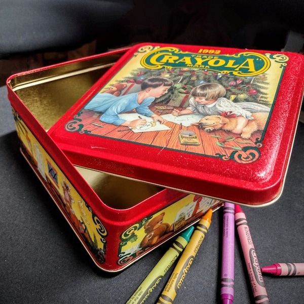 Vintage Holiday Tin Box Crayola Trade Mark 1992 Colorful Holiday Wishes Christmas Tin Limited Edition Empty Container Knick-knack Storage