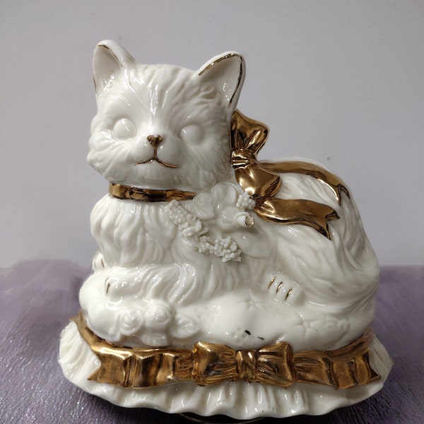 Vintage Lefton Music Box White Gold Porcelain Kitty Cat Playing "MEMORY" Keepsake Collectible Figurine Musicbox Birthday Gift For Her
