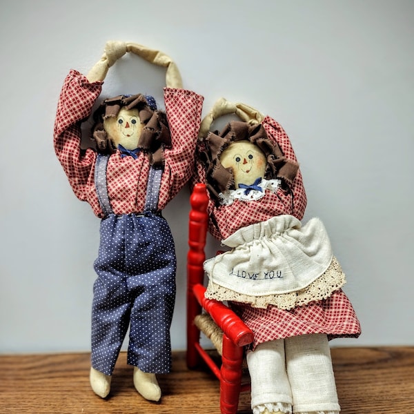 Vintage Raggedy Ann Raggedy Andy Couple Plush Dolls Country Style I LOVE YOU Lovebirds Rare Hand Painted Gingham Laced Collectibles