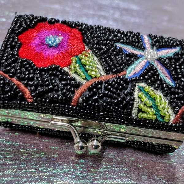 Purva Black Beaded Embroidery Mini Trinket Purse Lipstick Coin Knickknack Carrier Fermoir Clutch Floral Statement Valentine Day Gift For Her