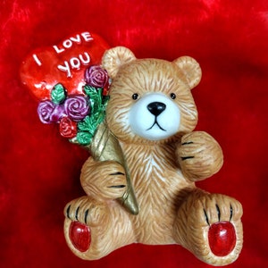Teddy Bear I Love You Bouquet Roses Heart Balloon Hand Painted Collectible Valentine's Day Birthday Cute Gift For Her Bisque Homco Figurine