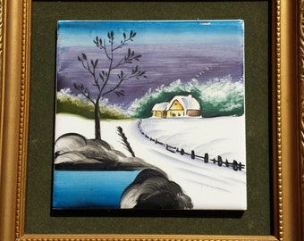 Vintage Miniature Japanese Art Tile Hand Painted Winter Snow Landscape Painting Framed Art Wall Hanging Original Decor Gifts Collectibles