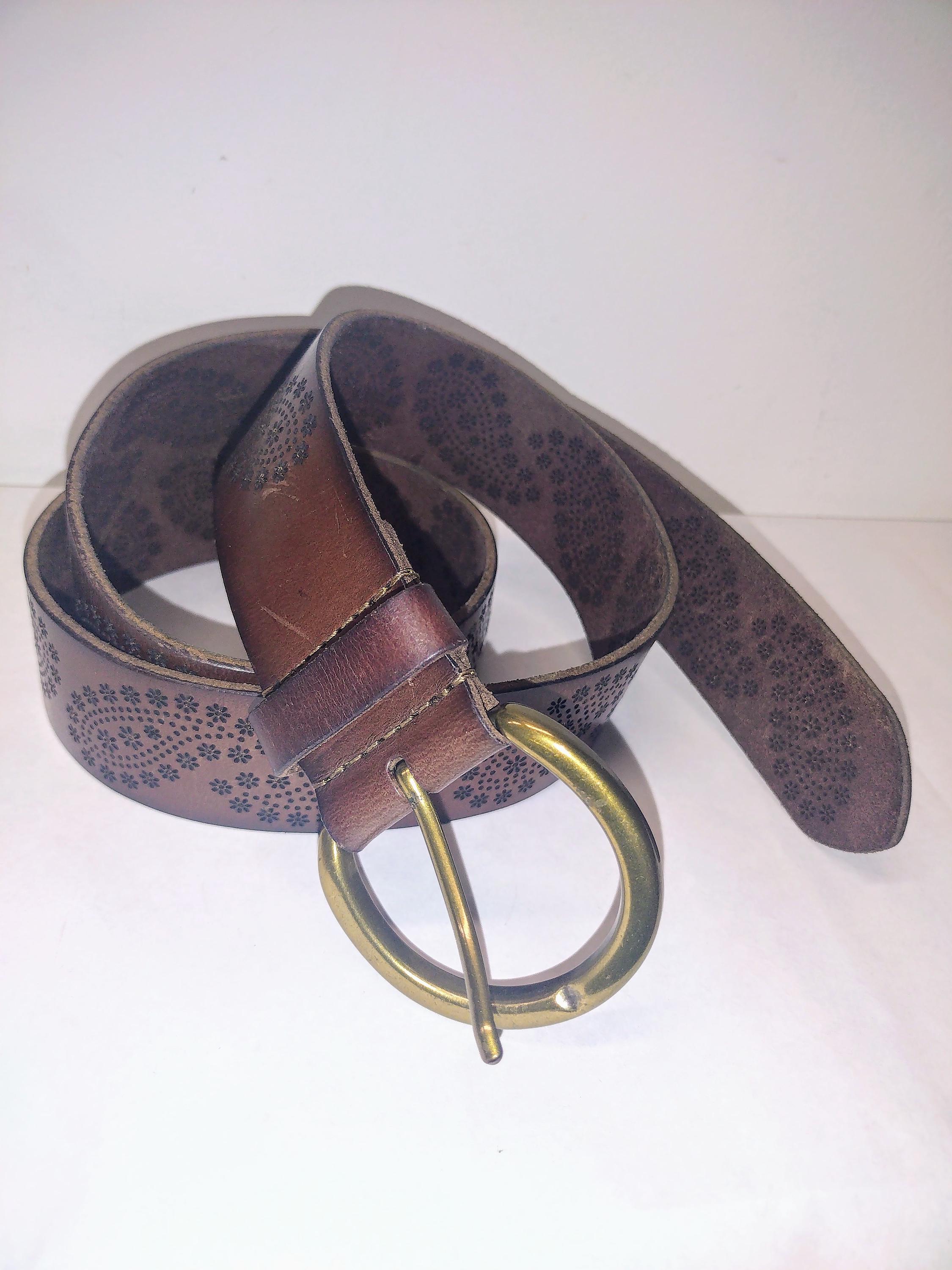 Lucky Brand Brown Leather Belt: Perforated Floral Boho Style 