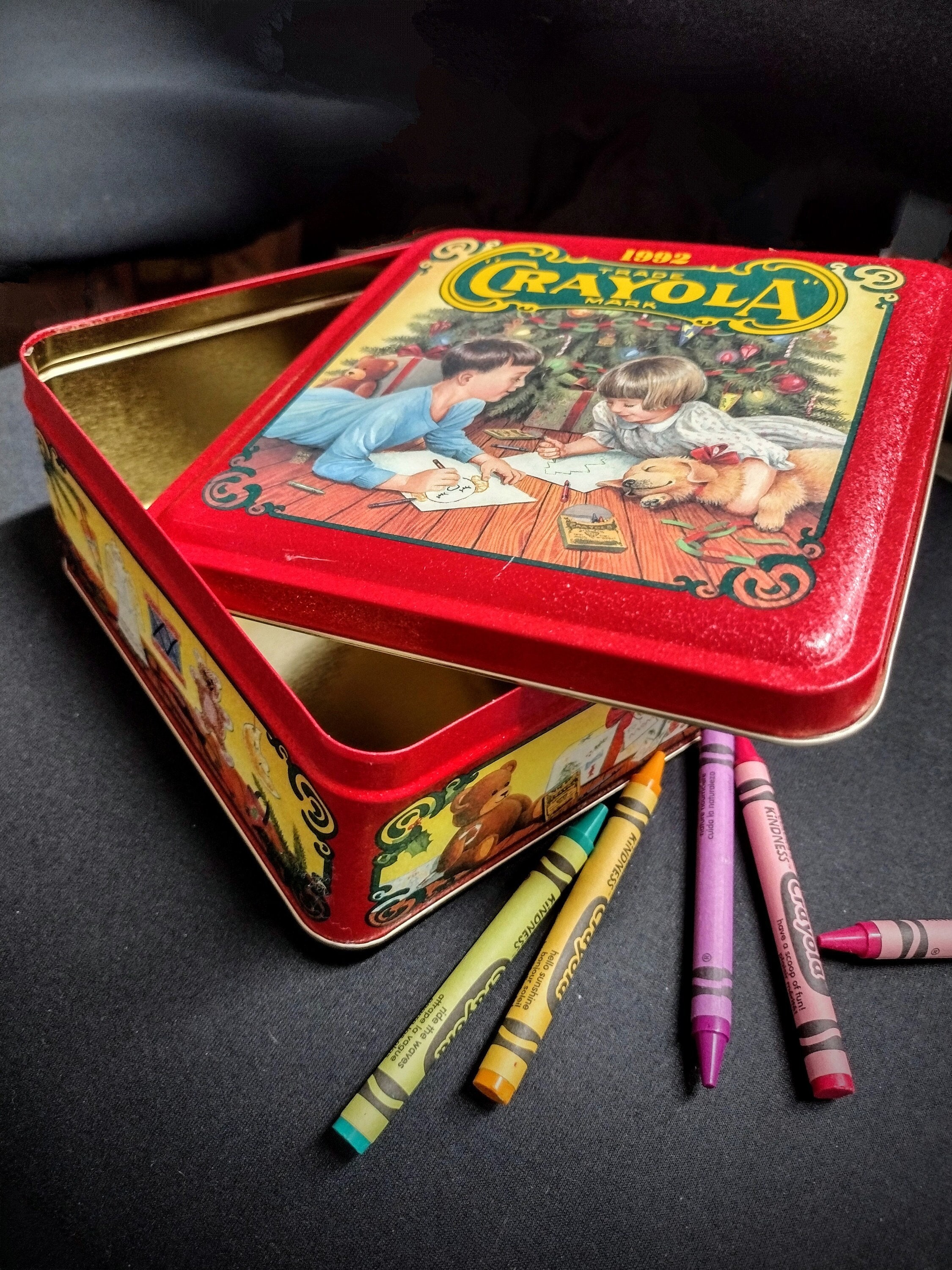 Vintage Holiday Tin Box Crayola Trade Mark 1992 Colorful Holiday Wishes Christmas Tin Limited Edition Empty Container Knick-knack Storage
