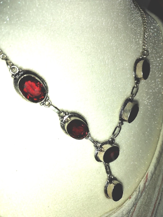 Vintage Silver 925 Necklace With Ruby Garnet Rhin… - image 3