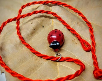 Ladybug Murano Glass Bead Necklace: Red Nylon Rope, Keepsake Jewelry