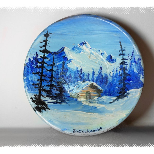 Hand Painted Small Metal Hanging Plate Winter Landscape, Gold Tone Metal Wall Plate, Mountain Chalet Winter Swiss Landscape Miniature