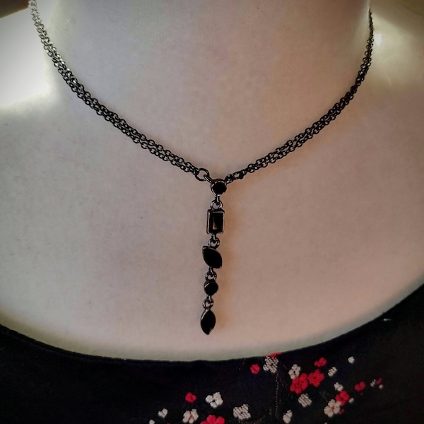 Black Rhinestone Necklace Signed AK Statement Jewelry Adjustable Prom Wedding Anniversary Birthday Valentine Day Gift For Her Collectibles