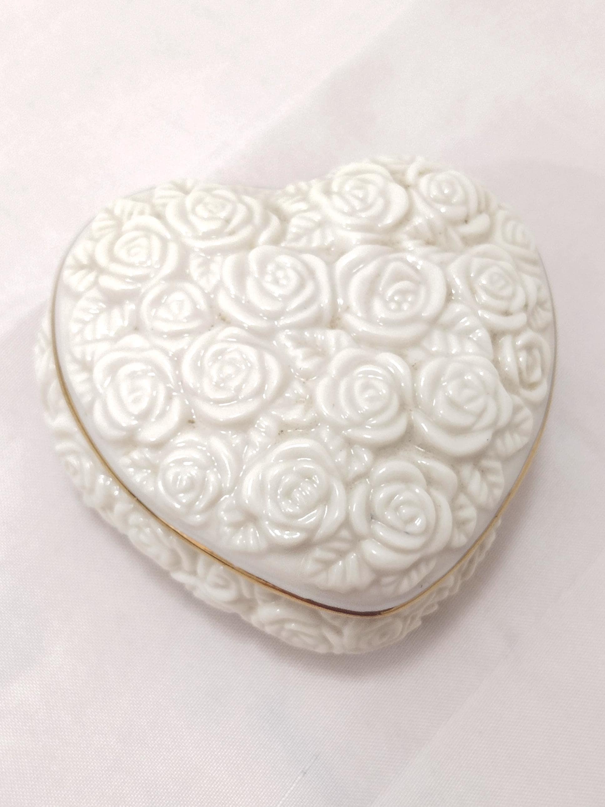 Vintage Lenox Roses Heart Trinket Box, Gold Trim Bisque Porcelain